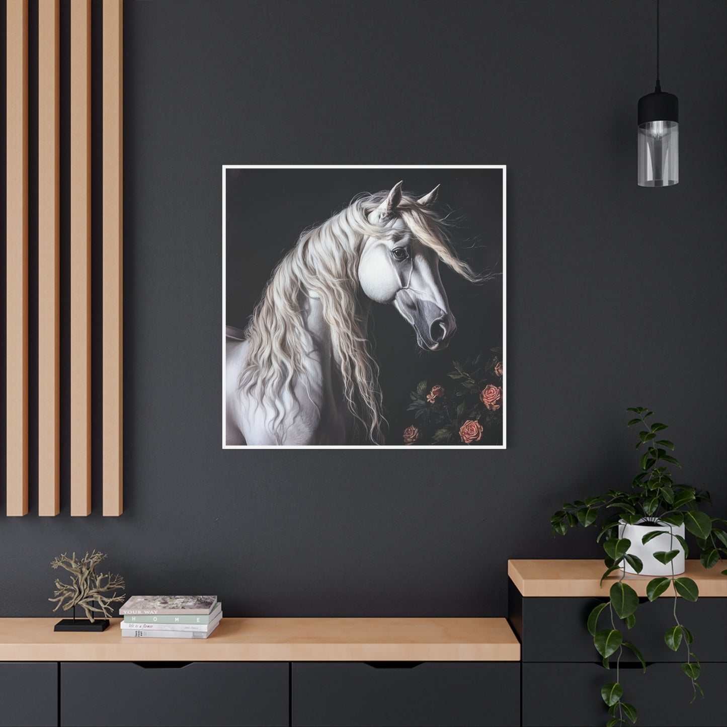 White Arabian Horse Canvas Wall Art | Elegant Matte Floral Print