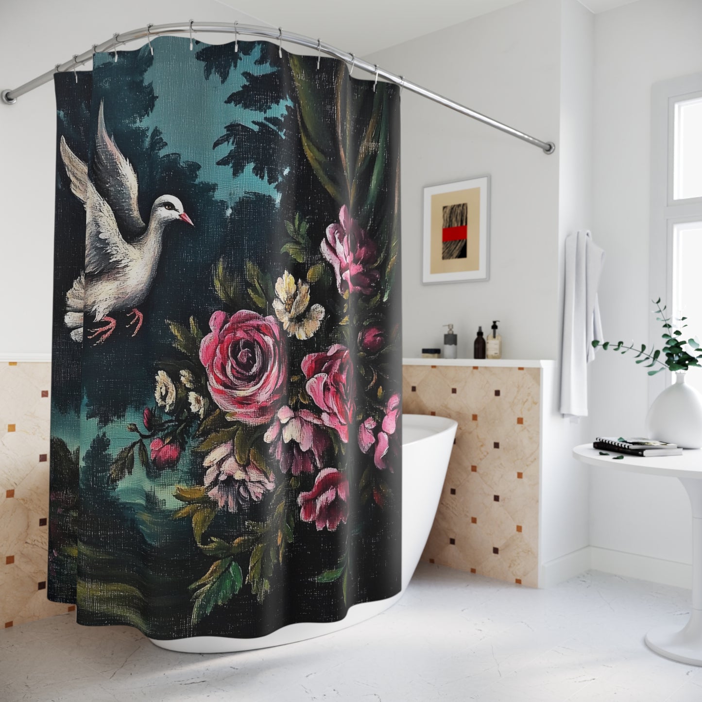Shower Curtain — Vintage Dove & Rose Floral Bathroom Curtain