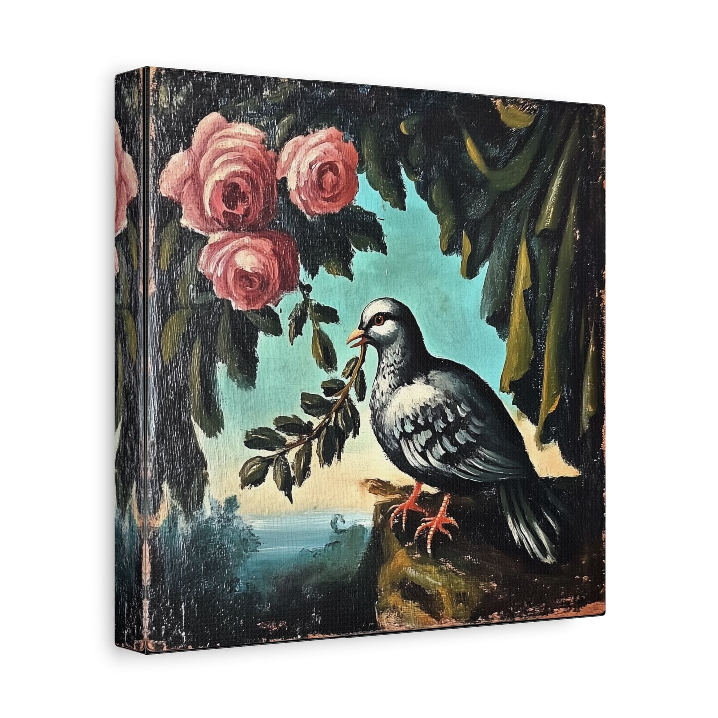 Dove & Roses Matte Canvas Wall Art | Vintage Bird & Floral Print