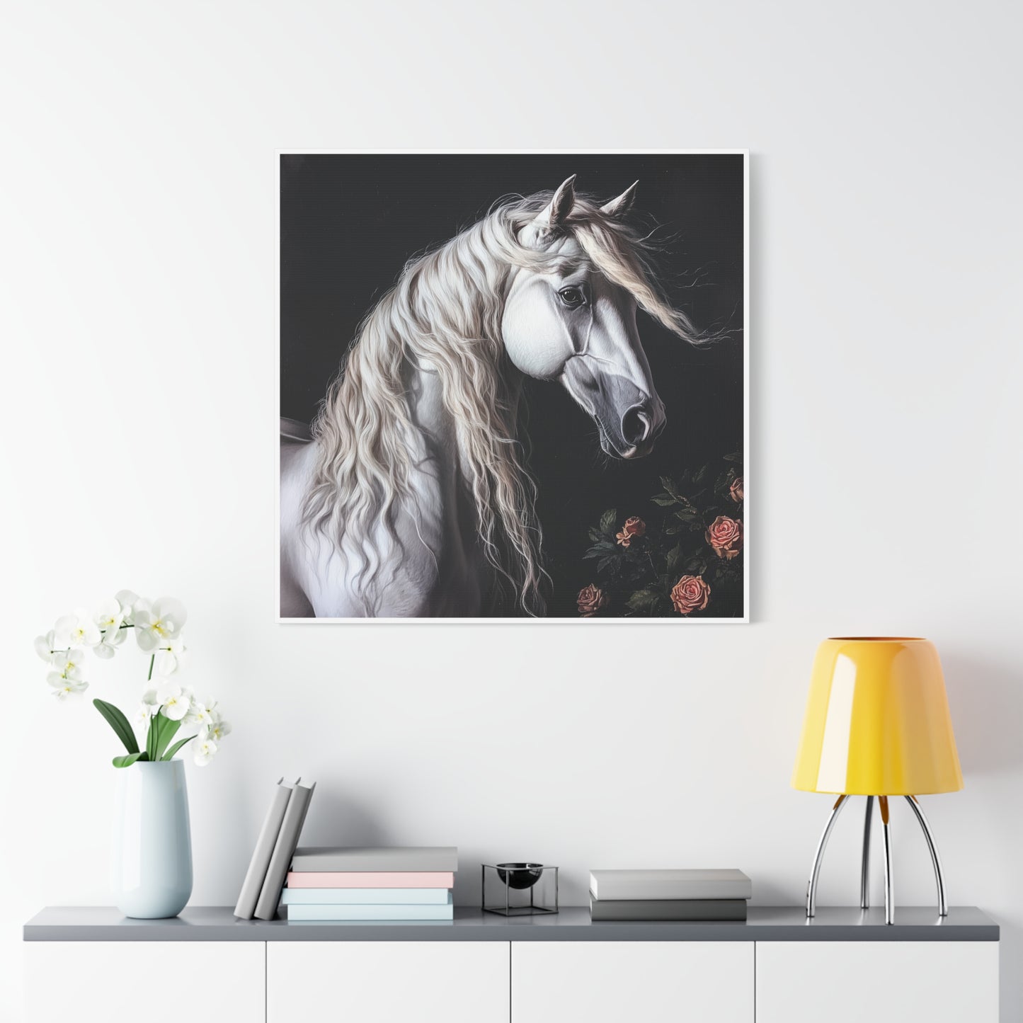 White Arabian Horse Canvas Wall Art | Elegant Matte Floral Print
