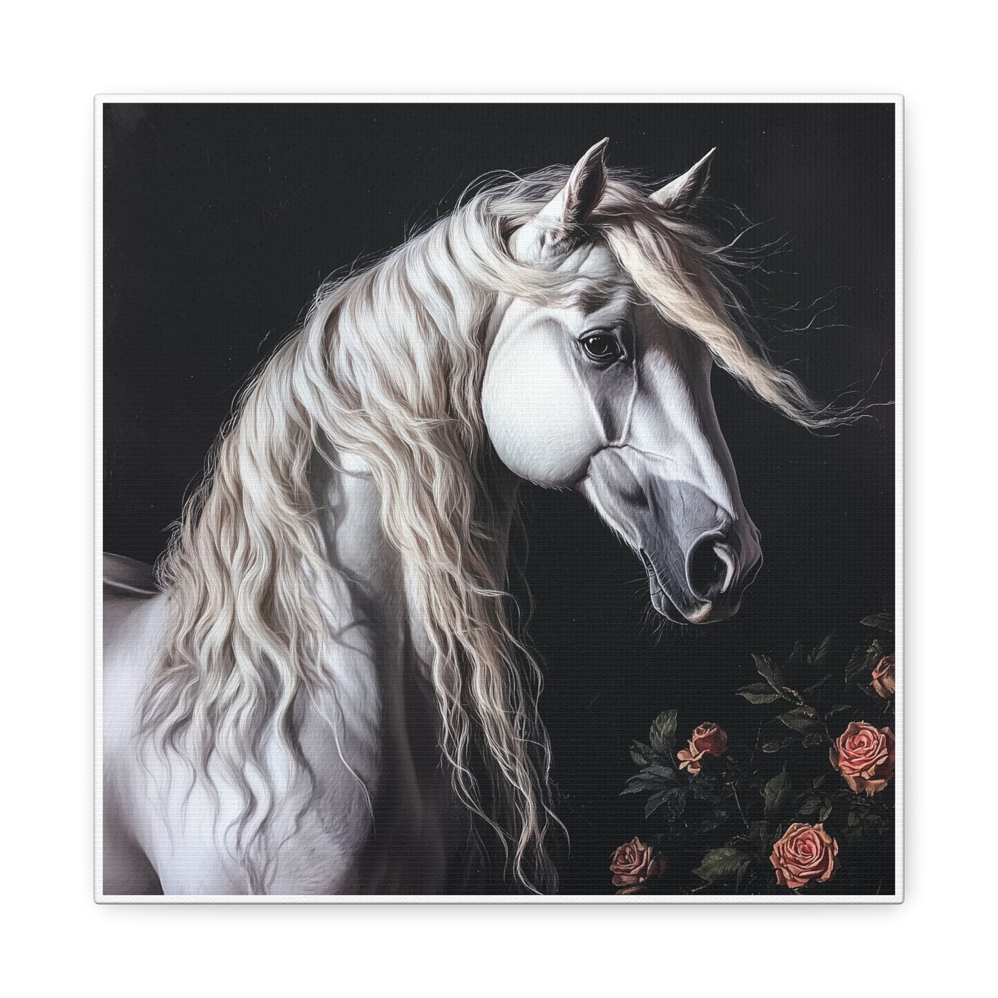 White Arabian Horse Canvas Wall Art | Elegant Matte Floral Print