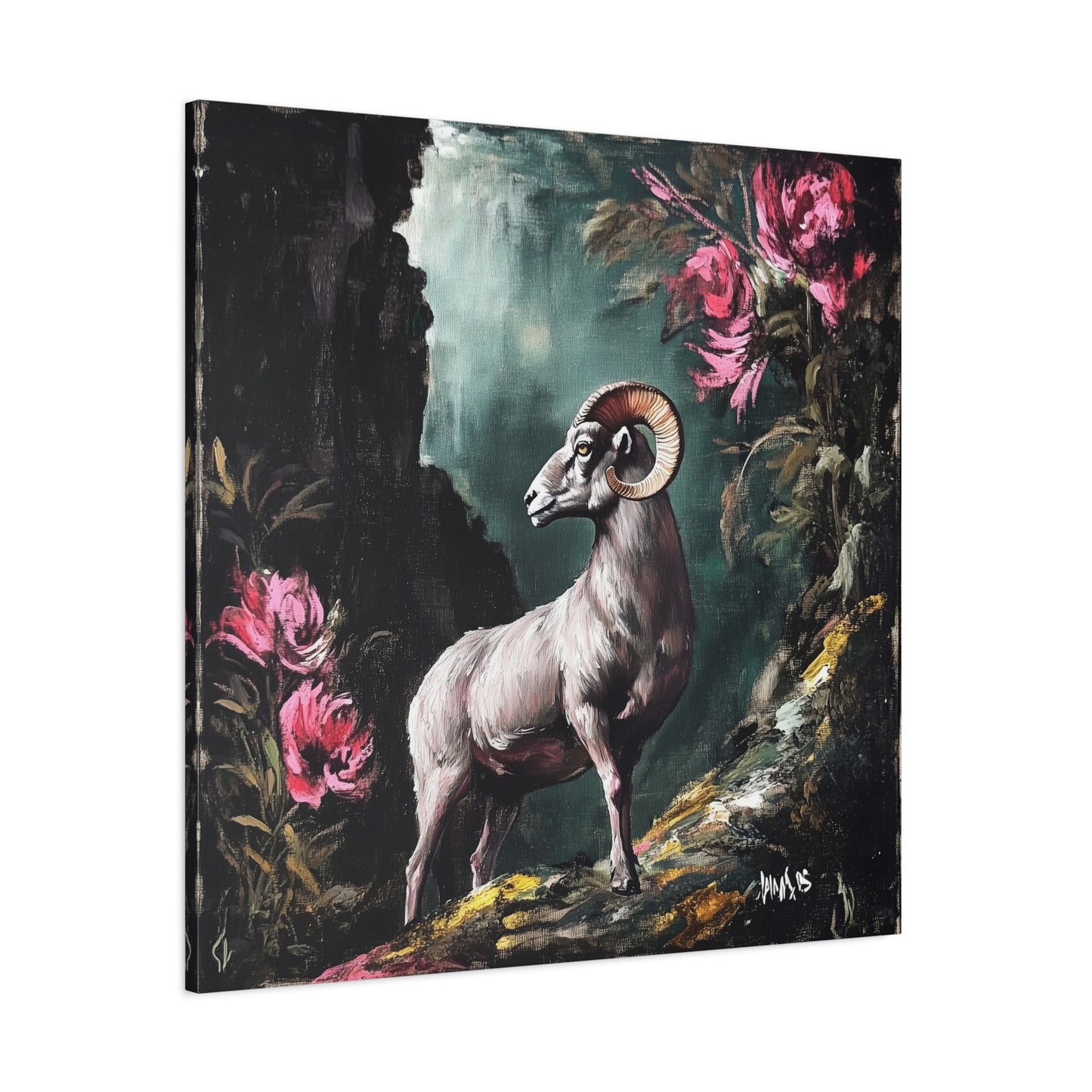 Mountain Ram Canvas Wall Art | Moody Wildlife Matte Print