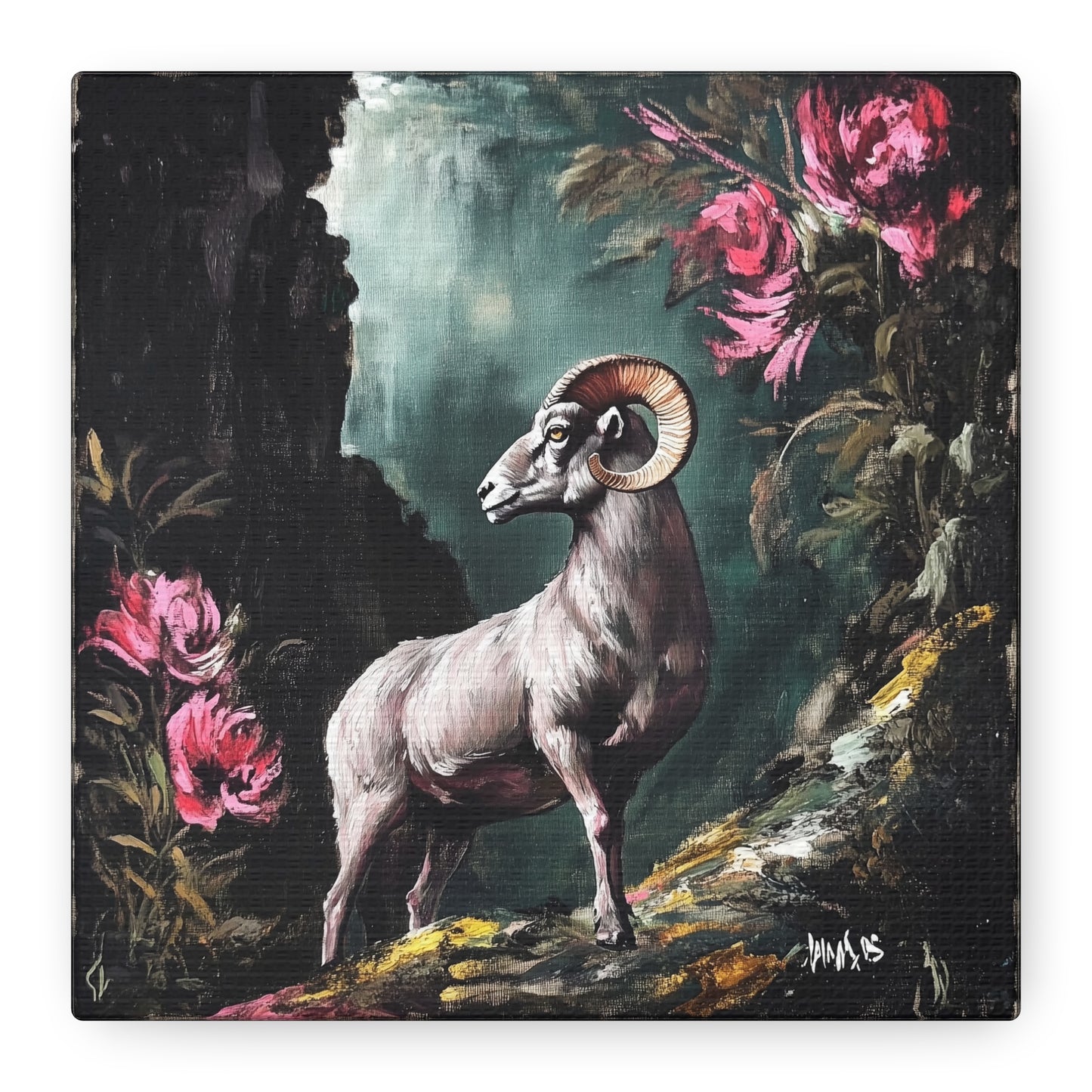 Mountain Ram Canvas Wall Art | Moody Wildlife Matte Print