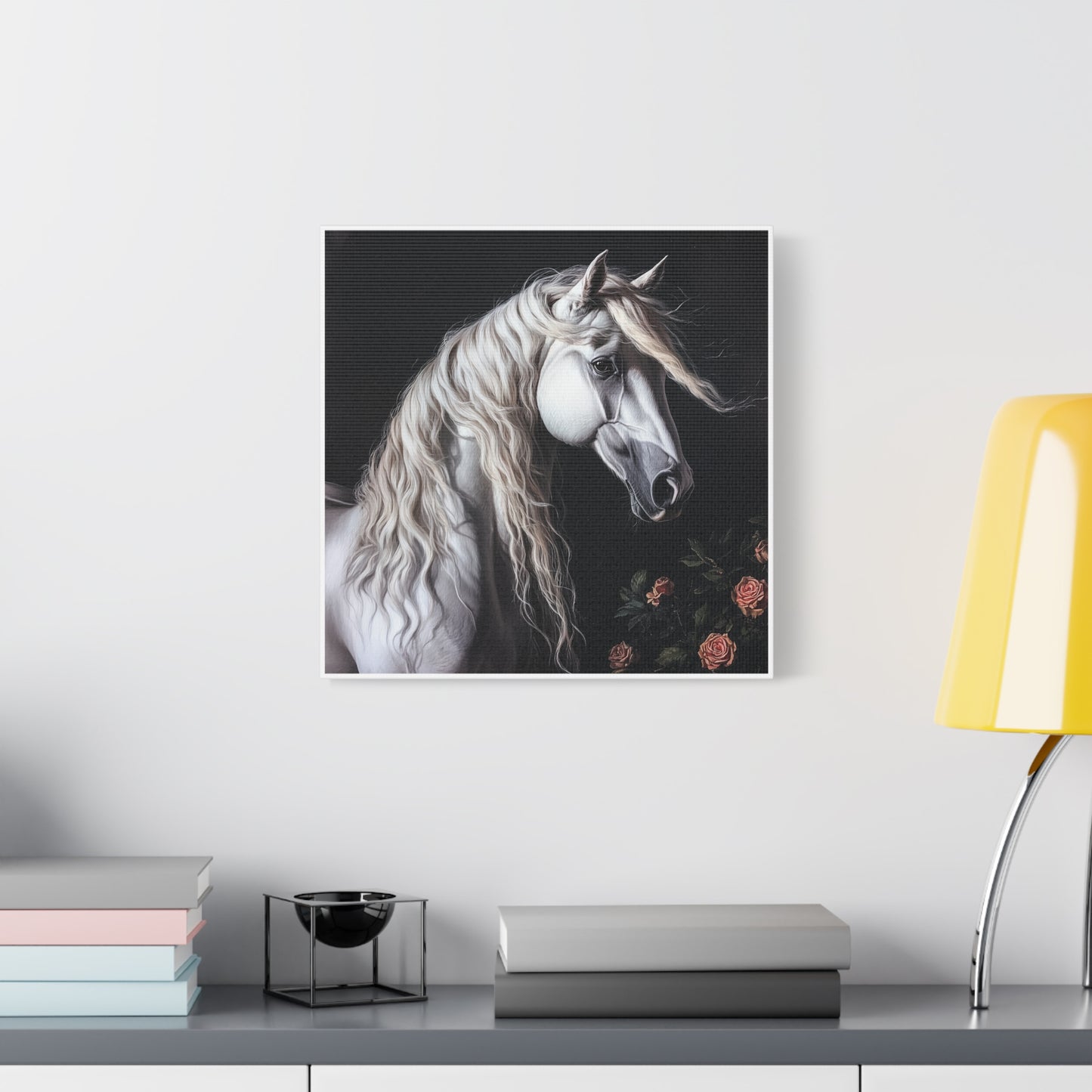 White Arabian Horse Canvas Wall Art | Elegant Matte Floral Print