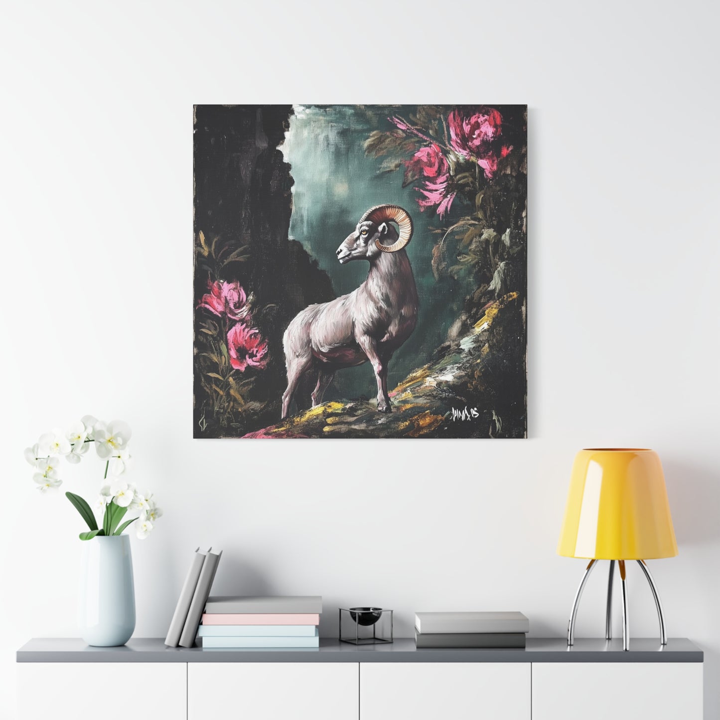 Mountain Ram Canvas Wall Art | Moody Wildlife Matte Print