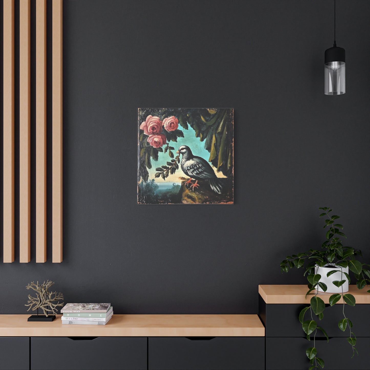 Dove & Roses Matte Canvas Wall Art | Vintage Bird & Floral Print