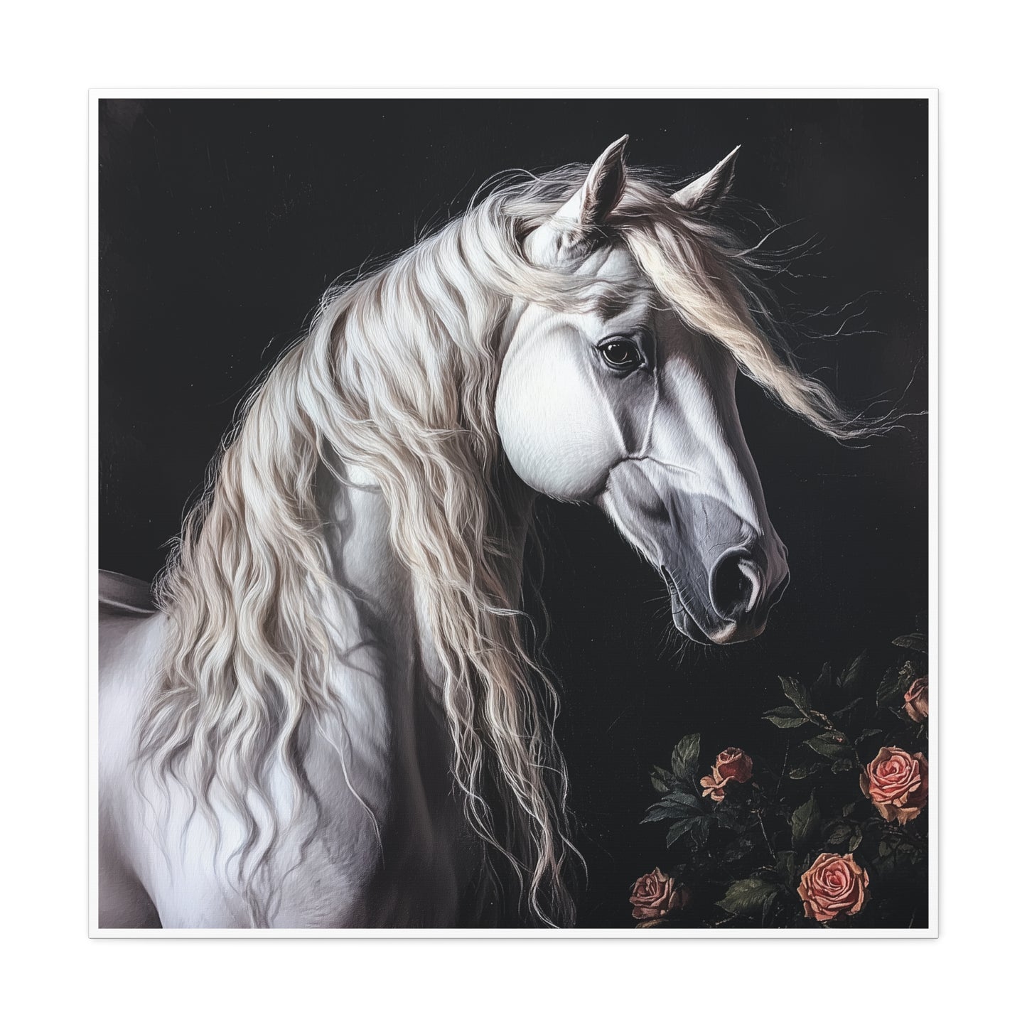 White Arabian Horse Canvas Wall Art | Elegant Matte Floral Print