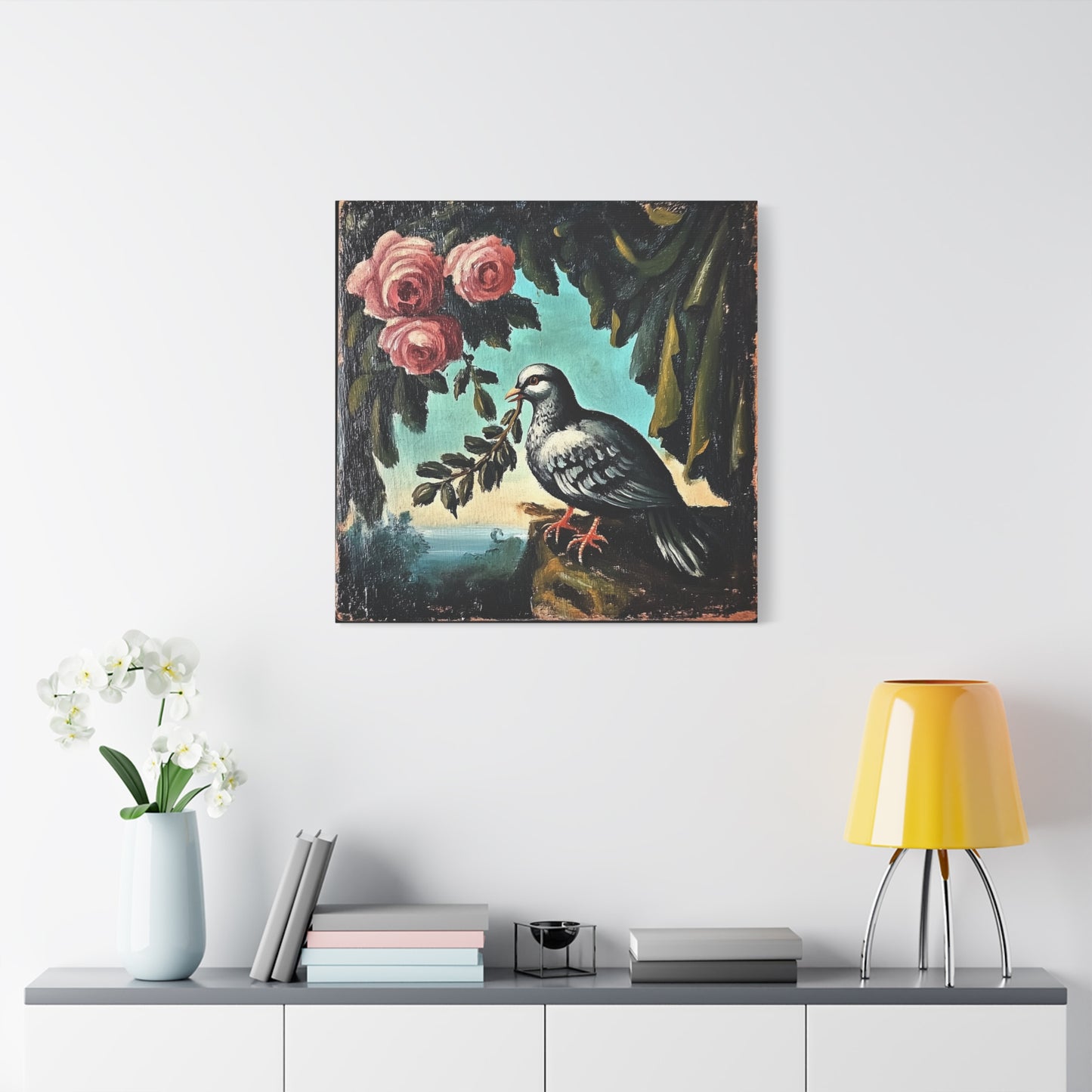 Dove & Roses Matte Canvas Wall Art | Vintage Bird & Floral Print