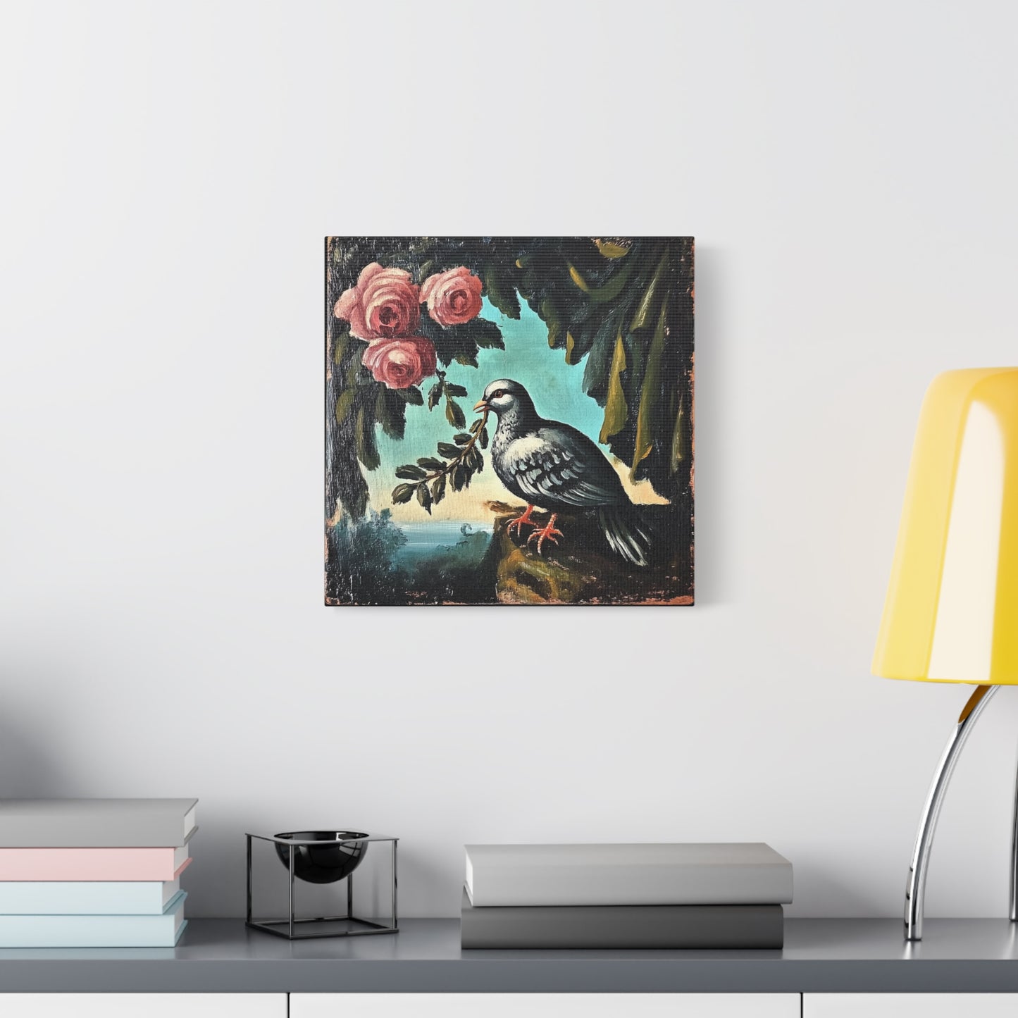 Dove & Roses Matte Canvas Wall Art | Vintage Bird & Floral Print