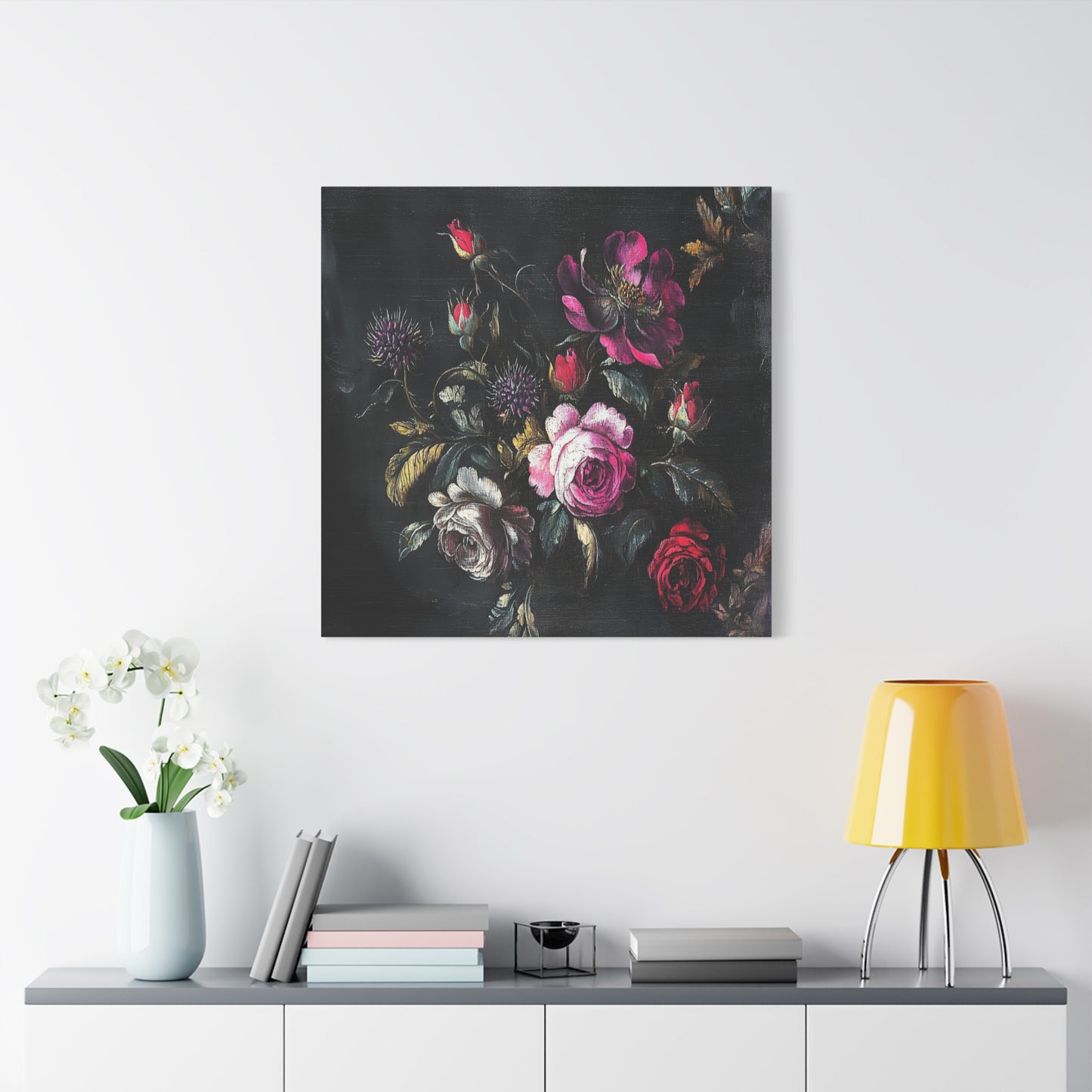 Vintage Dark Floral — Romantic Rose Bouquet Canvas Wall Art