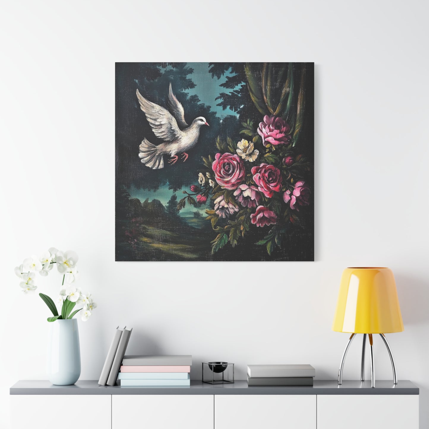 Dove & Roses Canvas Wall Art | Vintage Botanical Print