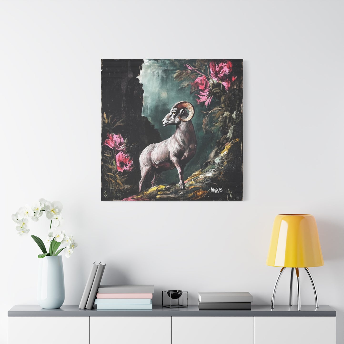 Mountain Ram Canvas Wall Art | Moody Wildlife Matte Print