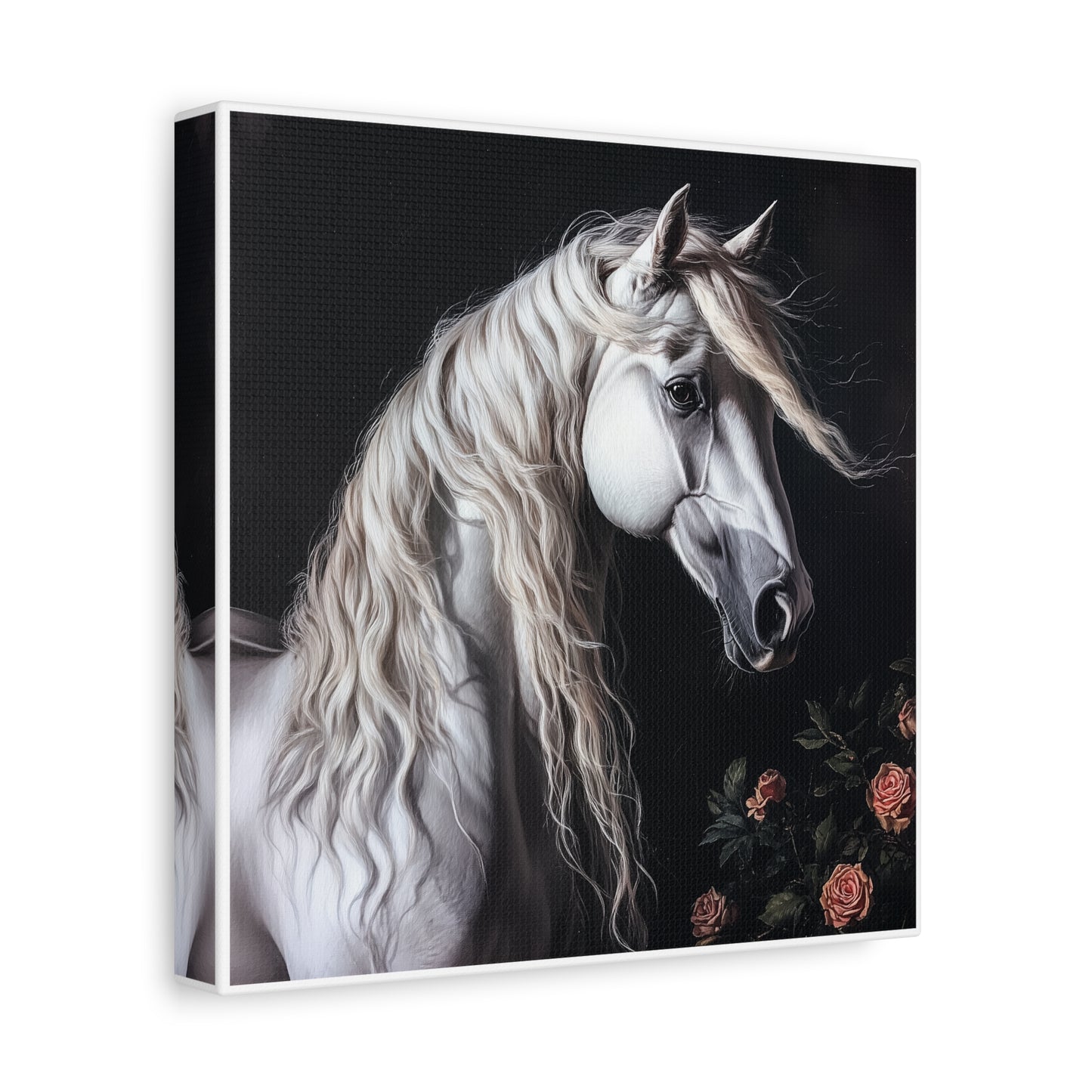 White Arabian Horse Canvas Wall Art | Elegant Matte Floral Print