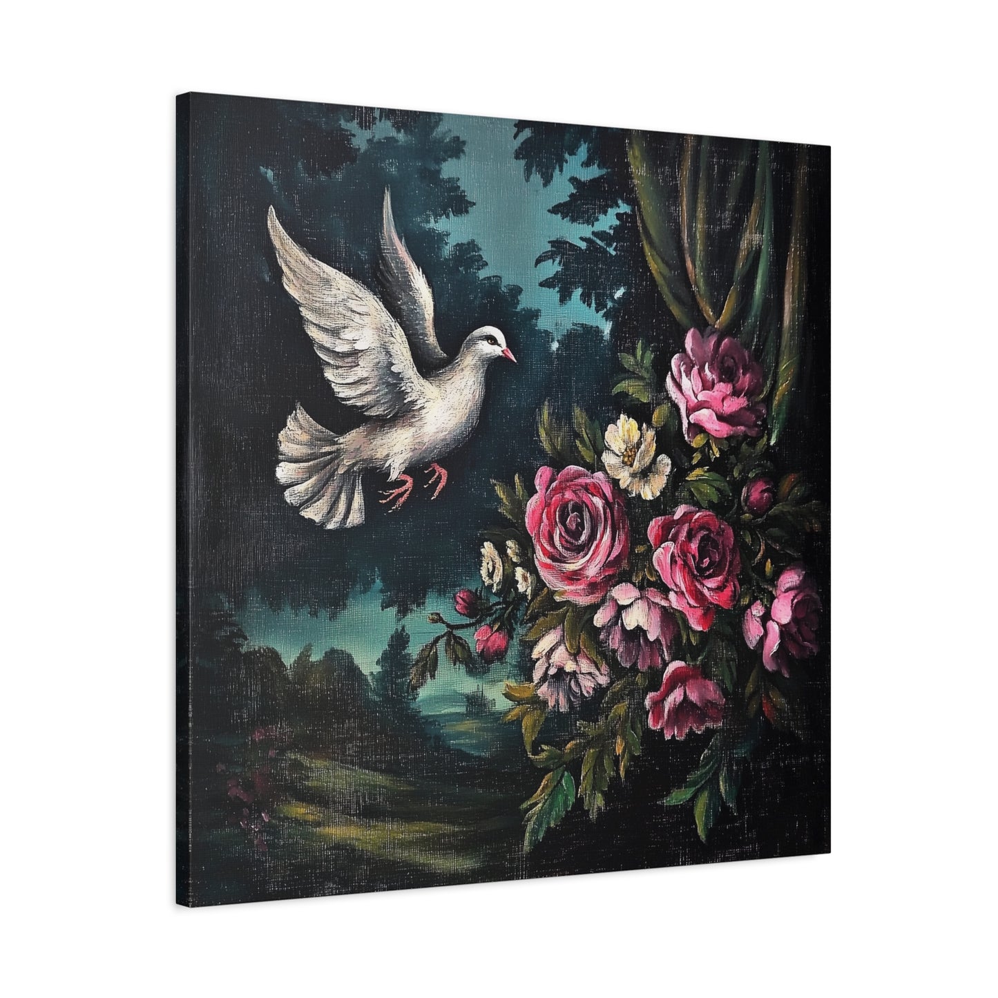 Dove & Roses Canvas Wall Art | Vintage Botanical Print