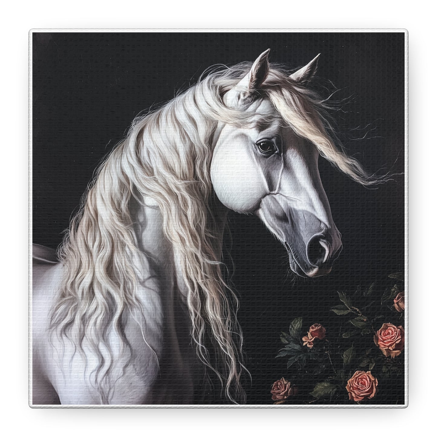 White Arabian Horse Canvas Wall Art | Elegant Matte Floral Print