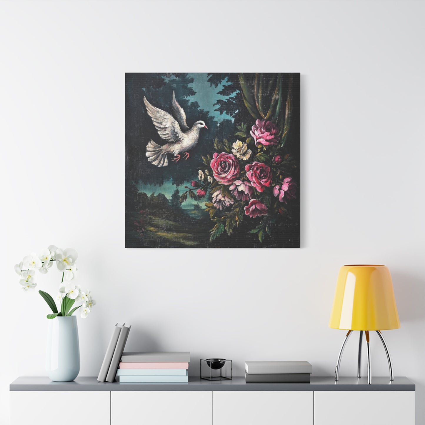 Dove & Roses Canvas Wall Art | Vintage Botanical Print
