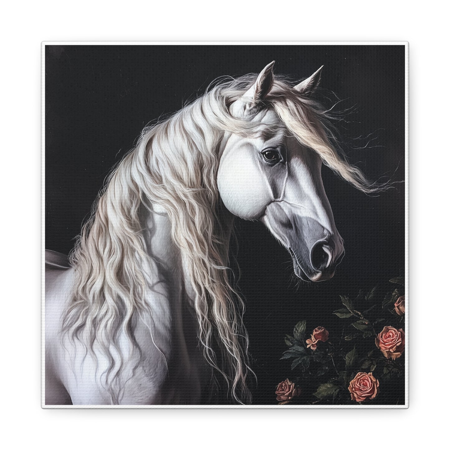 White Arabian Horse Canvas Wall Art | Elegant Matte Floral Print