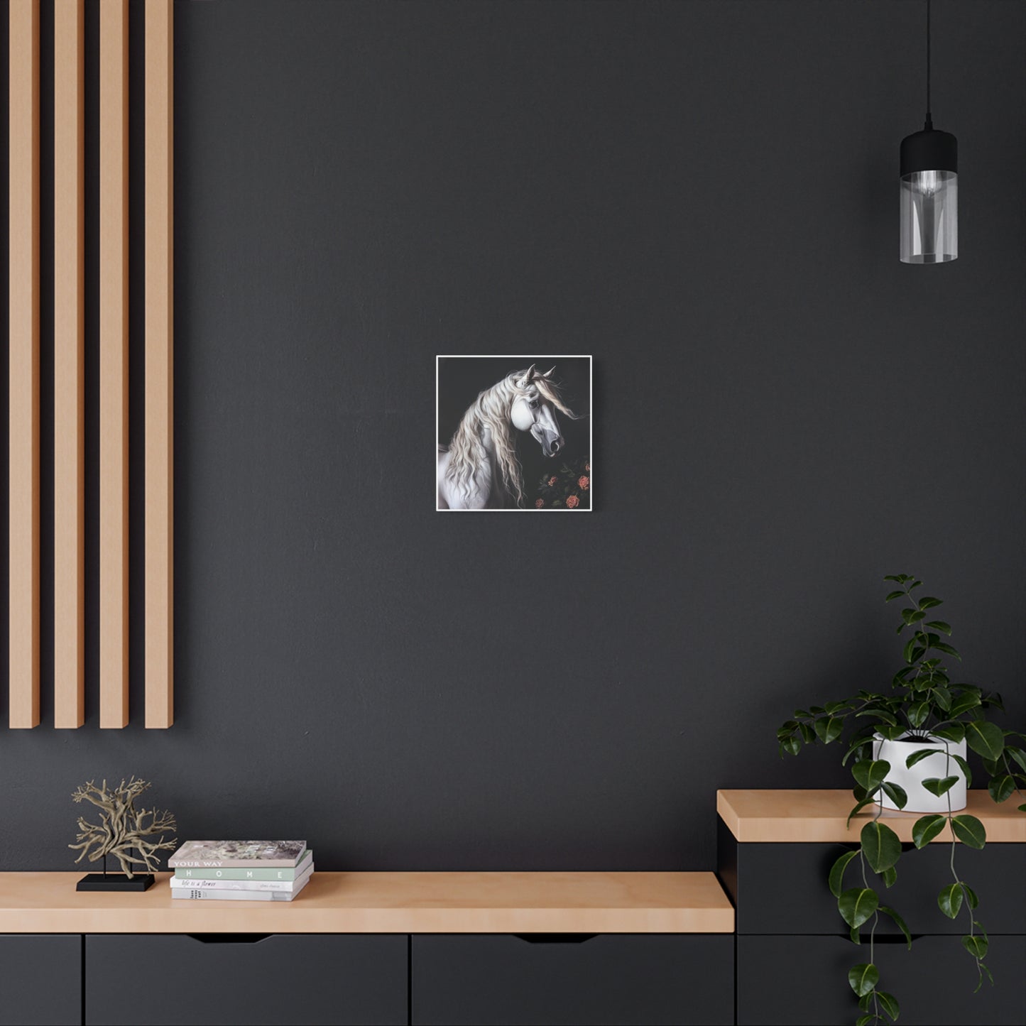 White Arabian Horse Canvas Wall Art | Elegant Matte Floral Print