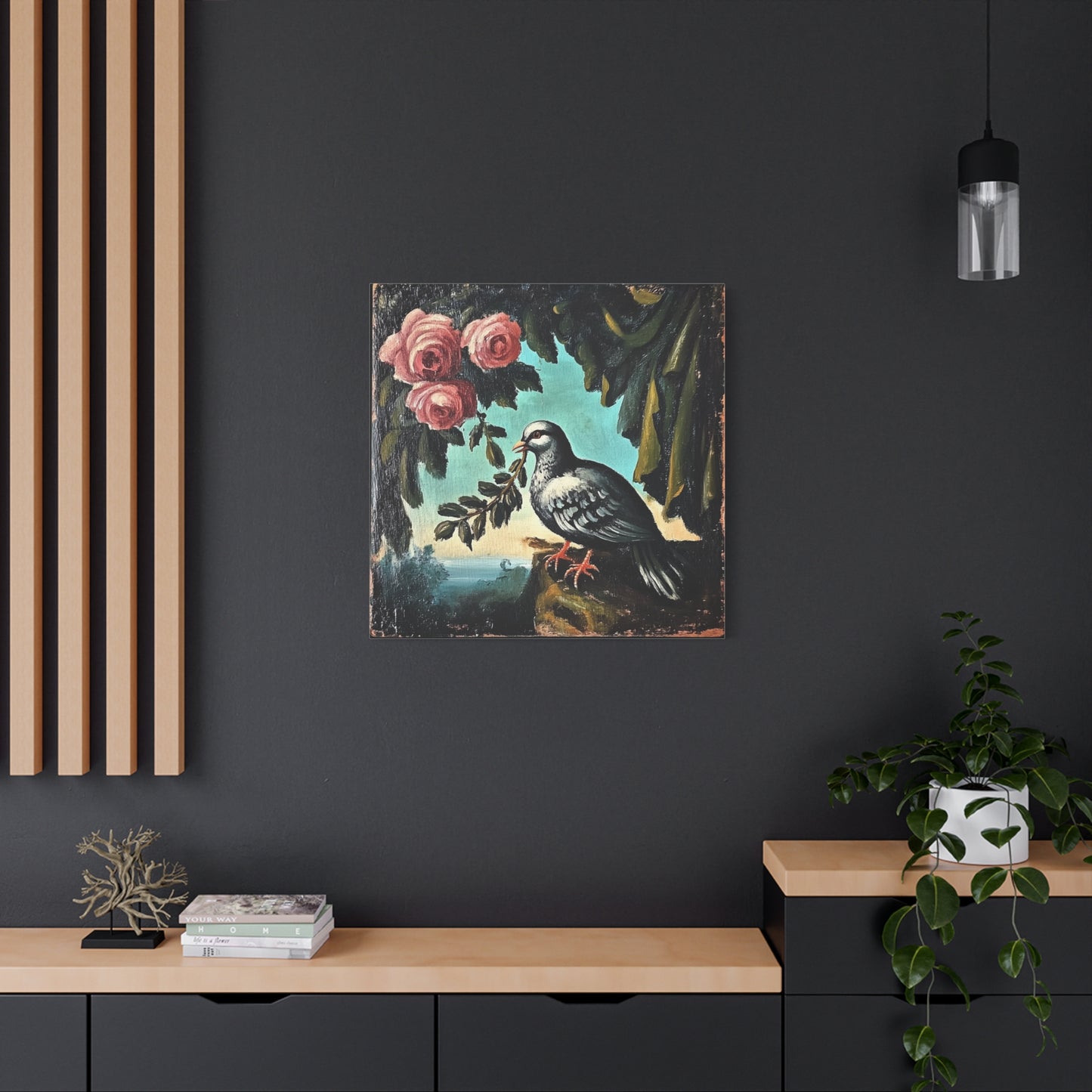 Dove & Roses Matte Canvas Wall Art | Vintage Bird & Floral Print