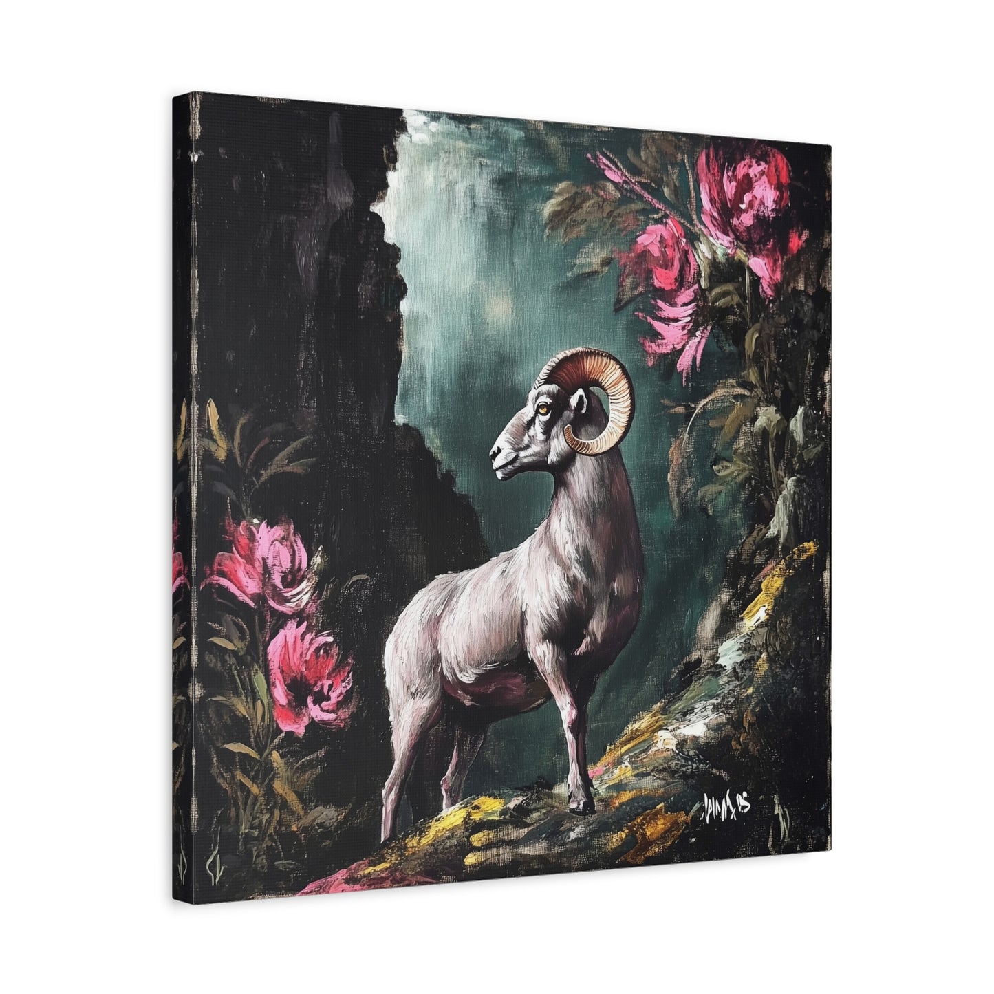 Mountain Ram Canvas Wall Art | Moody Wildlife Matte Print