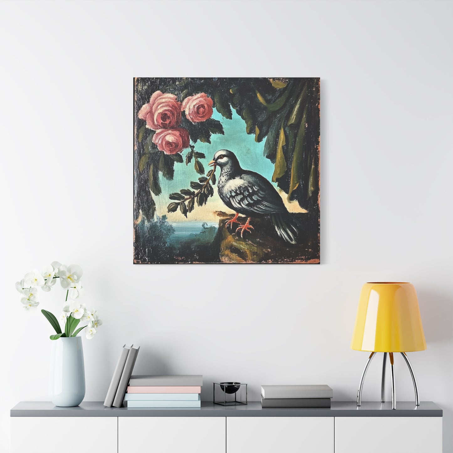 Dove & Roses Matte Canvas Wall Art | Vintage Bird & Floral Print