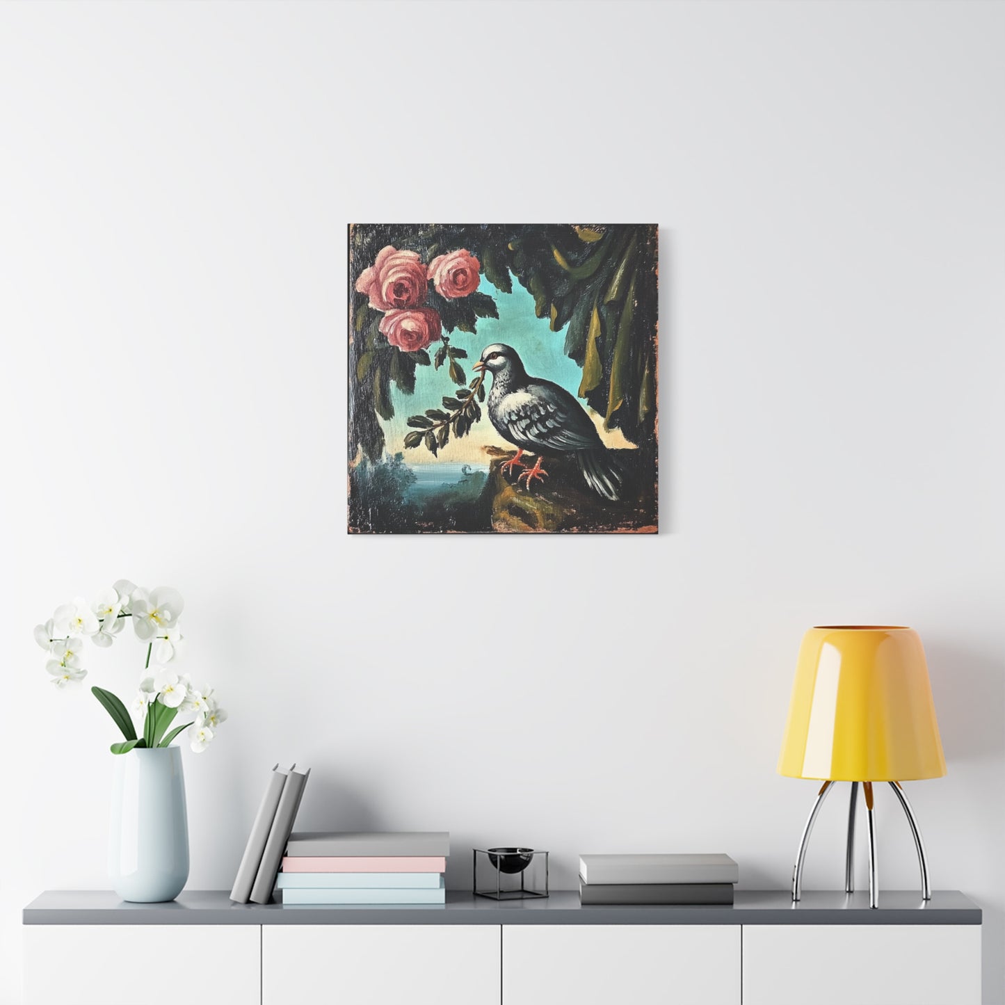 Dove & Roses Matte Canvas Wall Art | Vintage Bird & Floral Print