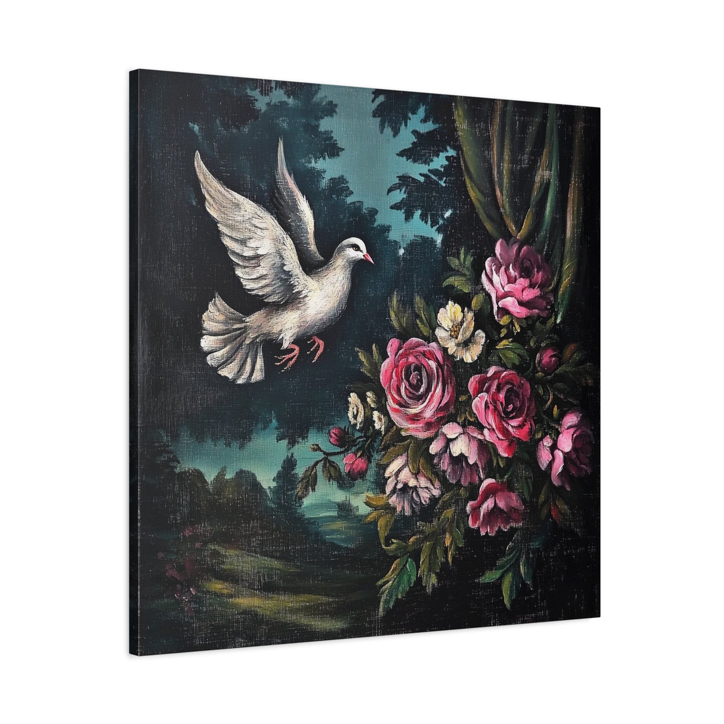 Dove & Roses Canvas Wall Art | Vintage Botanical Print
