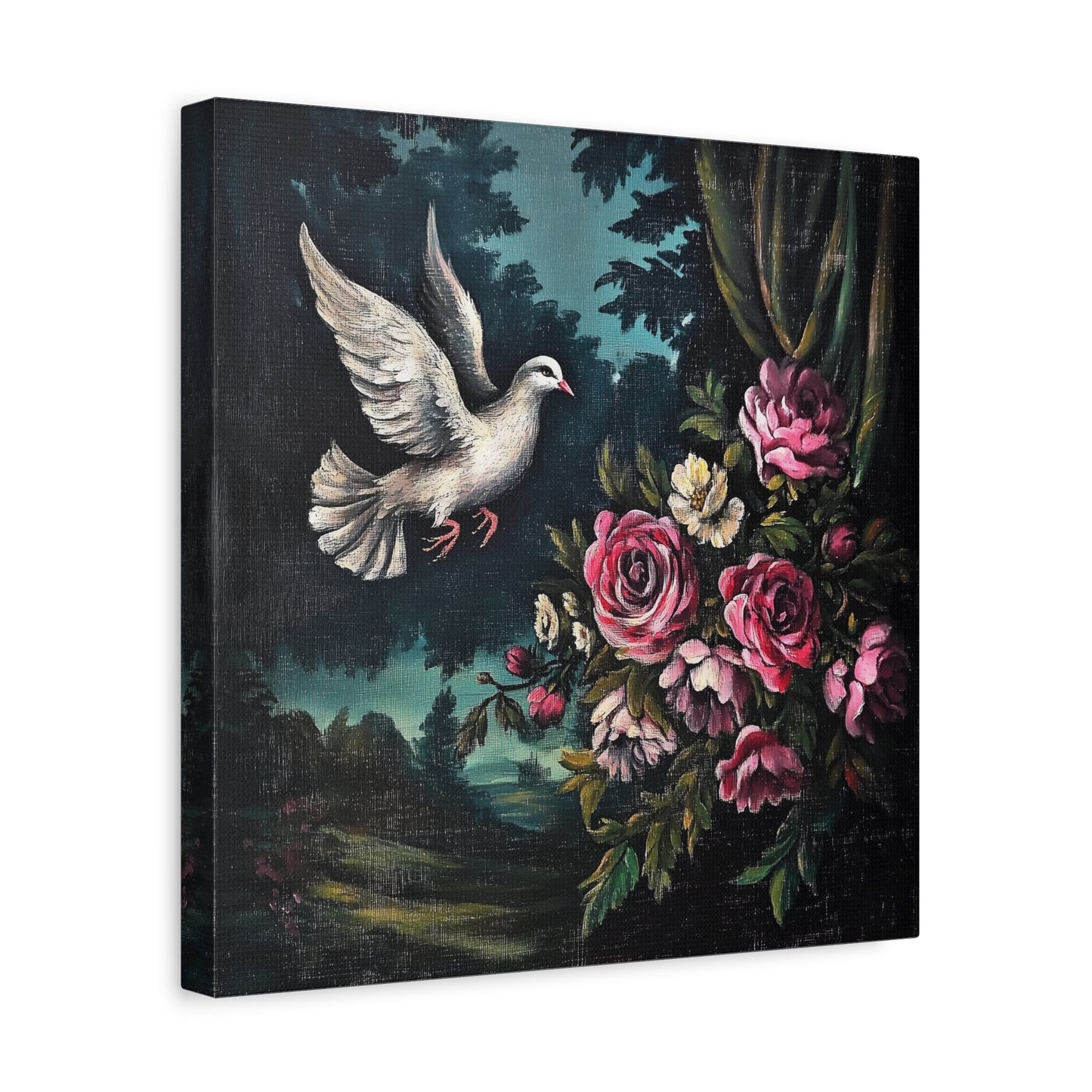 Dove & Roses Canvas Wall Art | Vintage Botanical Print