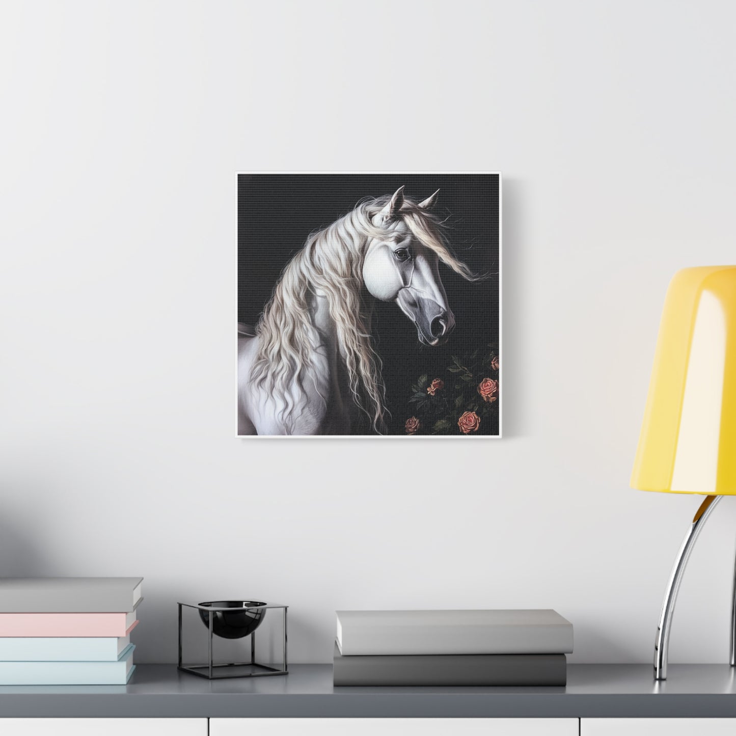 White Arabian Horse Canvas Wall Art | Elegant Matte Floral Print