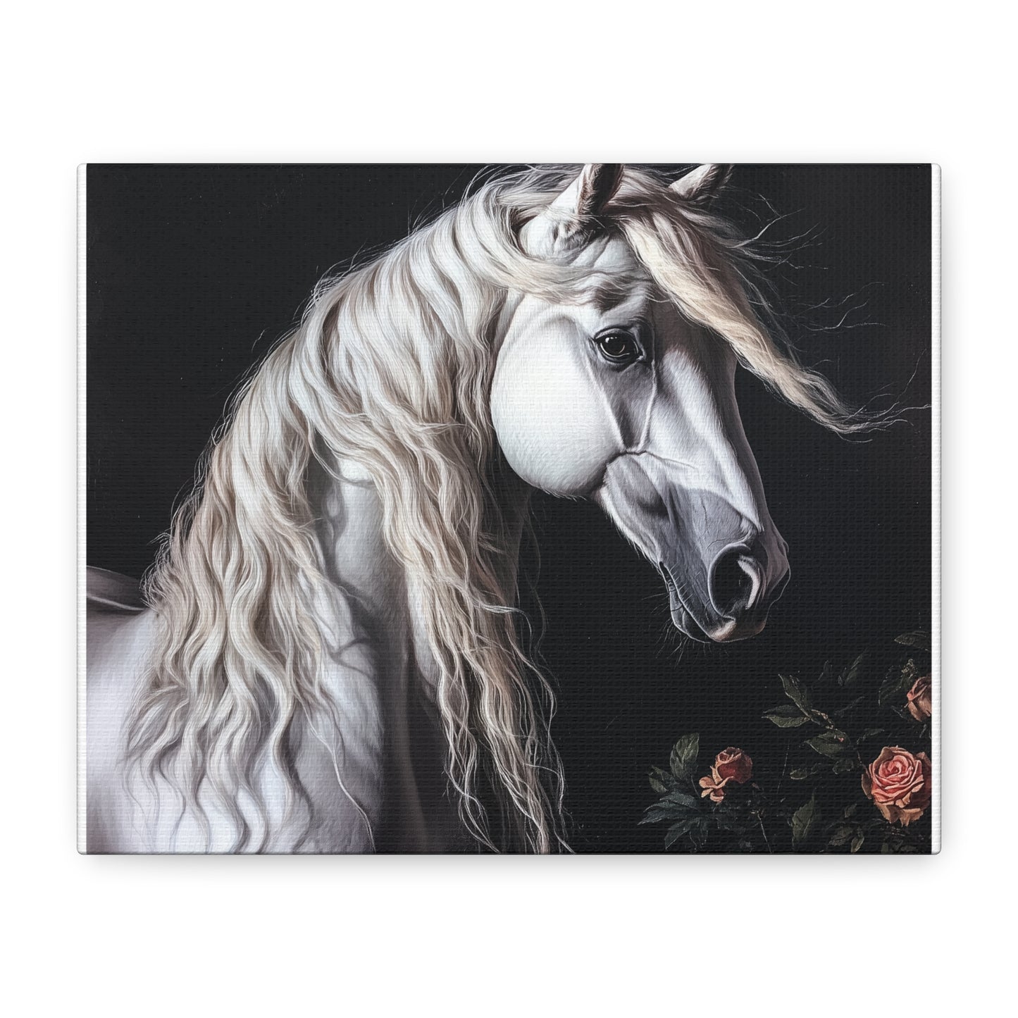 White Arabian Horse Canvas Wall Art | Elegant Matte Floral Print