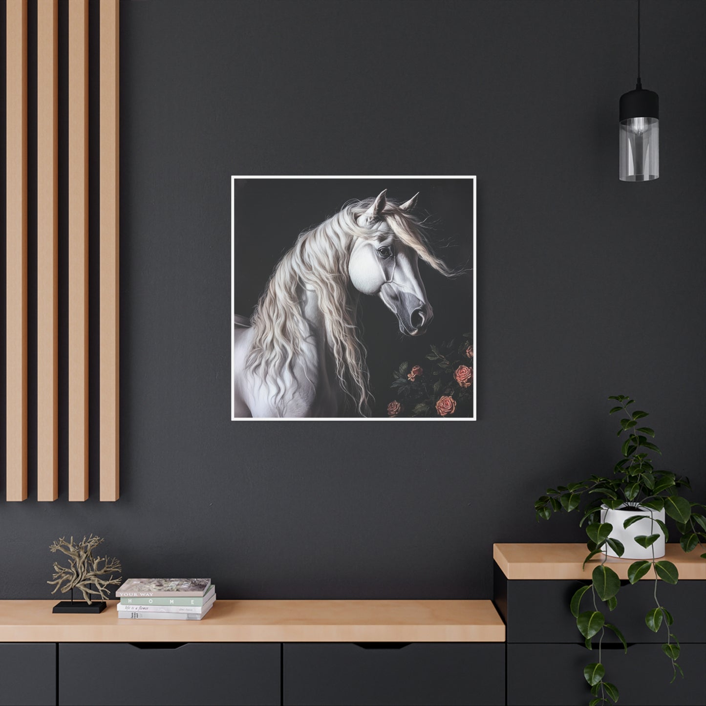White Arabian Horse Canvas Wall Art | Elegant Matte Floral Print