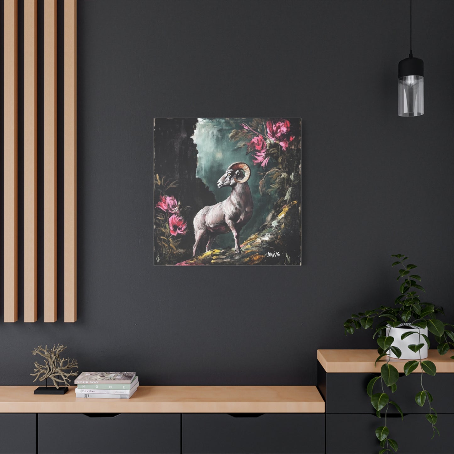 Mountain Ram Canvas Wall Art | Moody Wildlife Matte Print