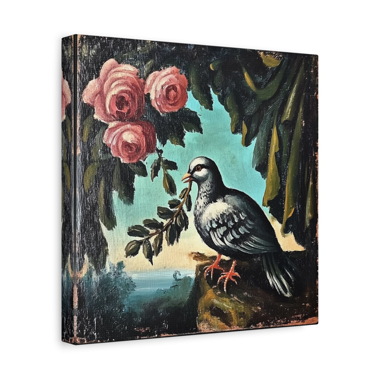 Dove & Roses Matte Canvas Wall Art | Vintage Bird & Floral Print