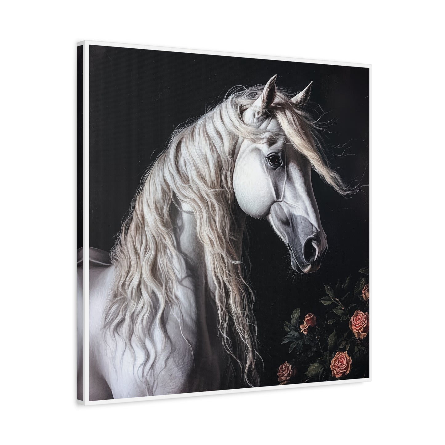White Arabian Horse Canvas Wall Art | Elegant Matte Floral Print