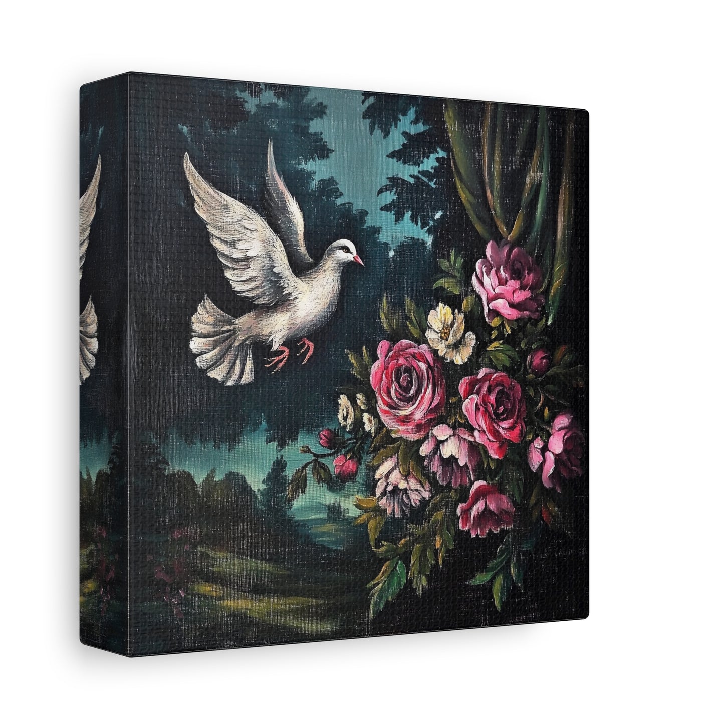 Dove & Roses Canvas Wall Art | Vintage Botanical Print