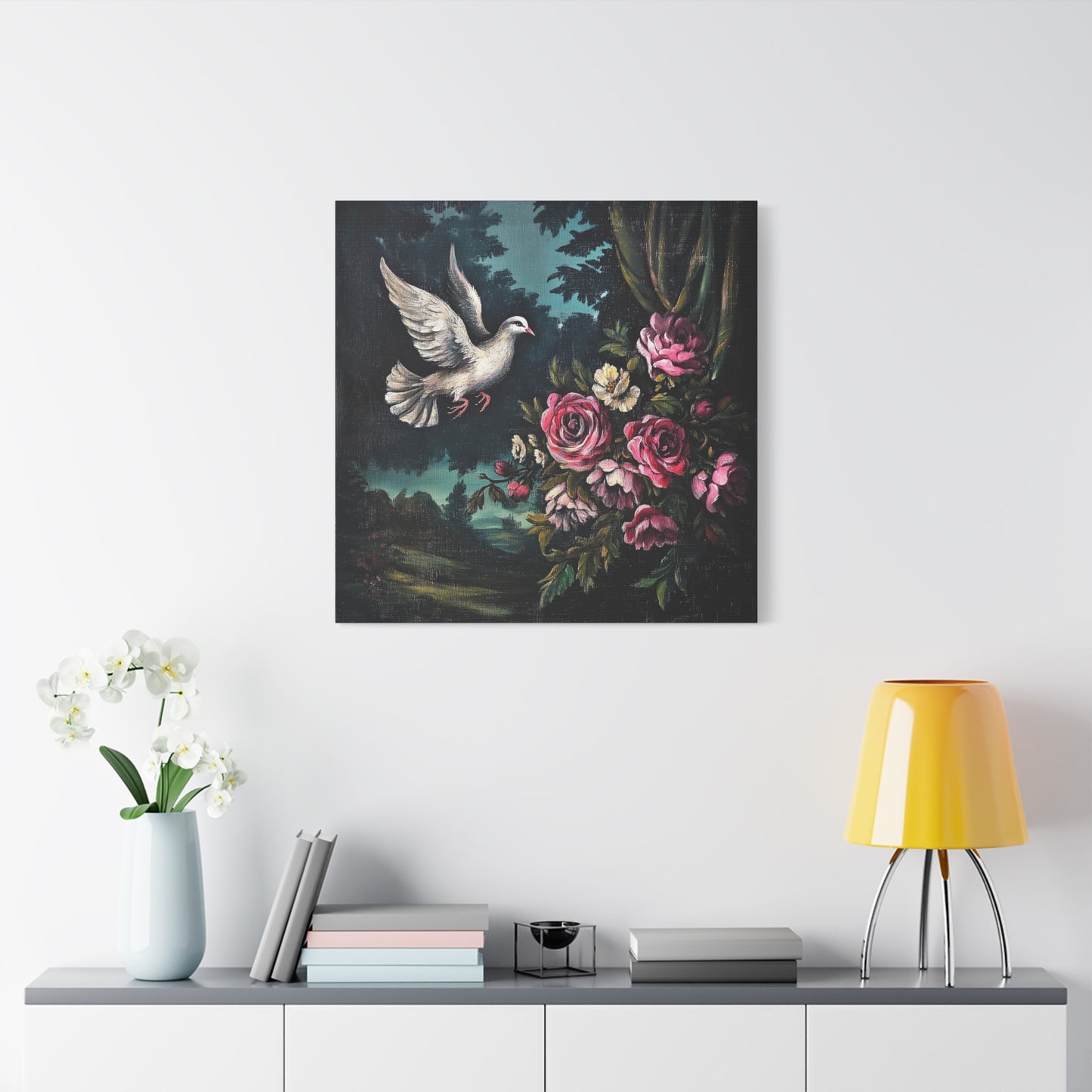 Dove & Roses Canvas Wall Art | Vintage Botanical Print