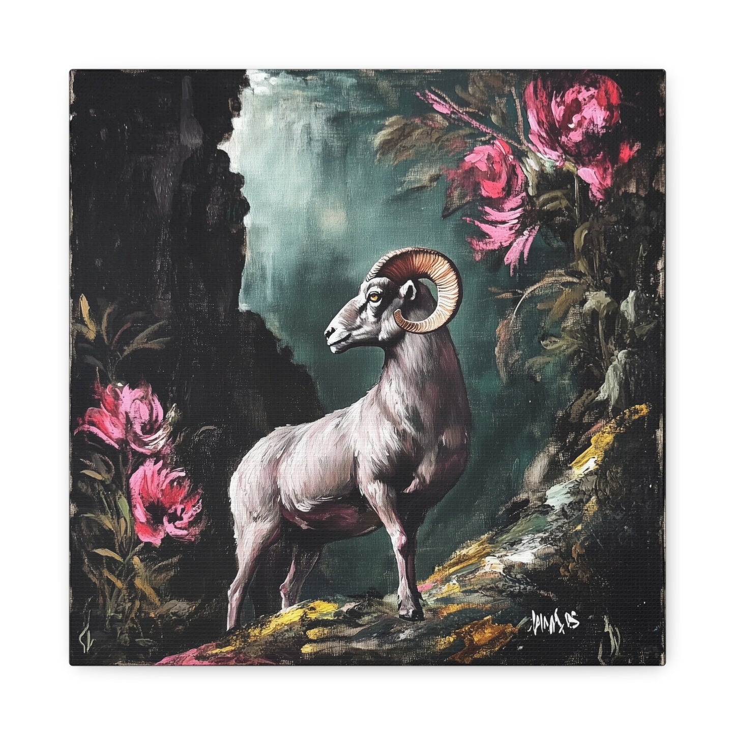 Mountain Ram Canvas Wall Art | Moody Wildlife Matte Print