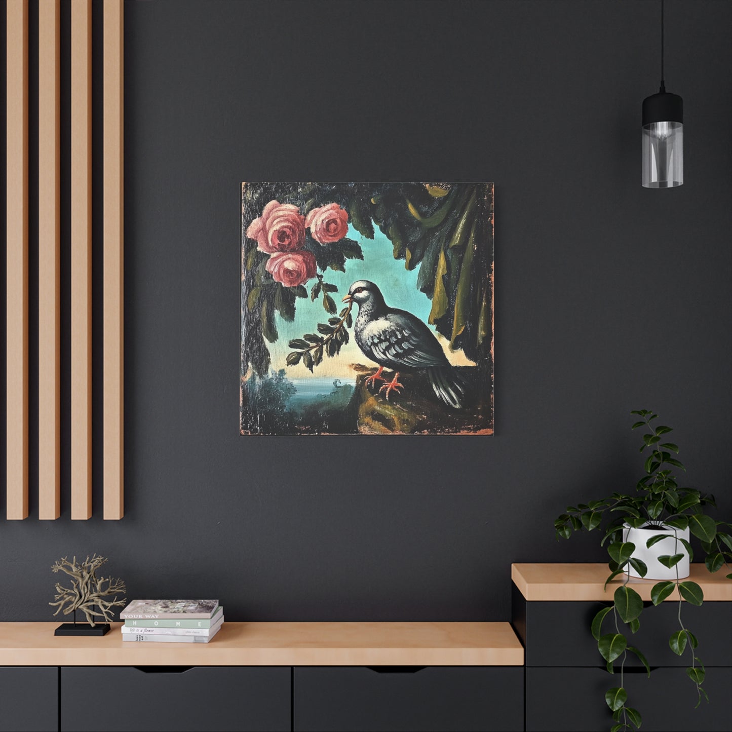 Dove & Roses Matte Canvas Wall Art | Vintage Bird & Floral Print