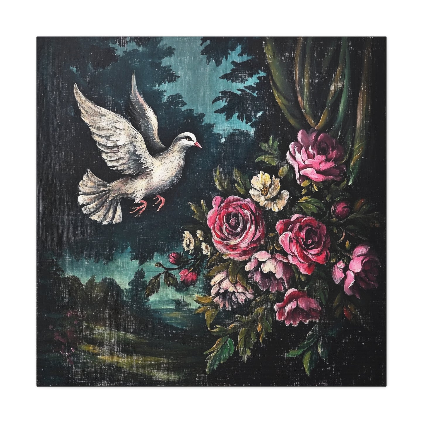 Dove & Roses Canvas Wall Art | Vintage Botanical Print