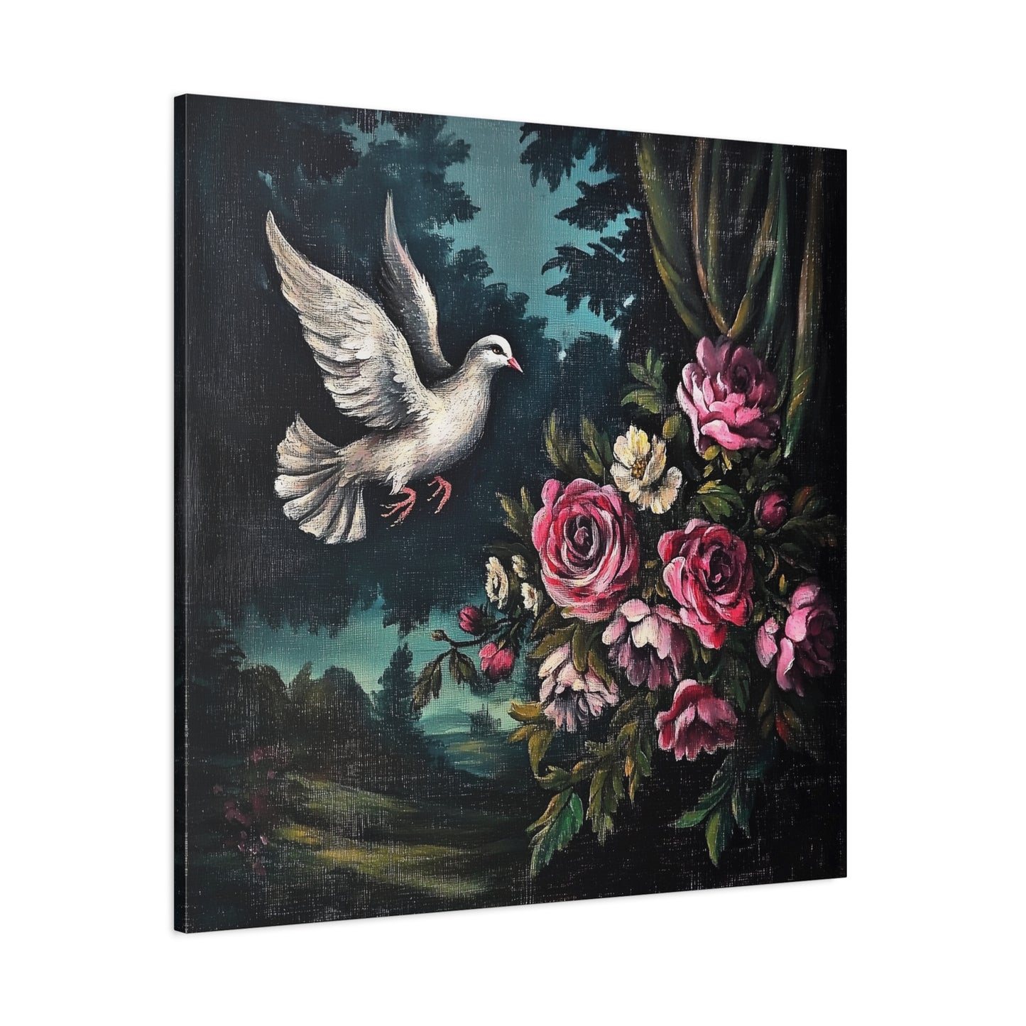 Dove & Roses Canvas Wall Art | Vintage Botanical Print