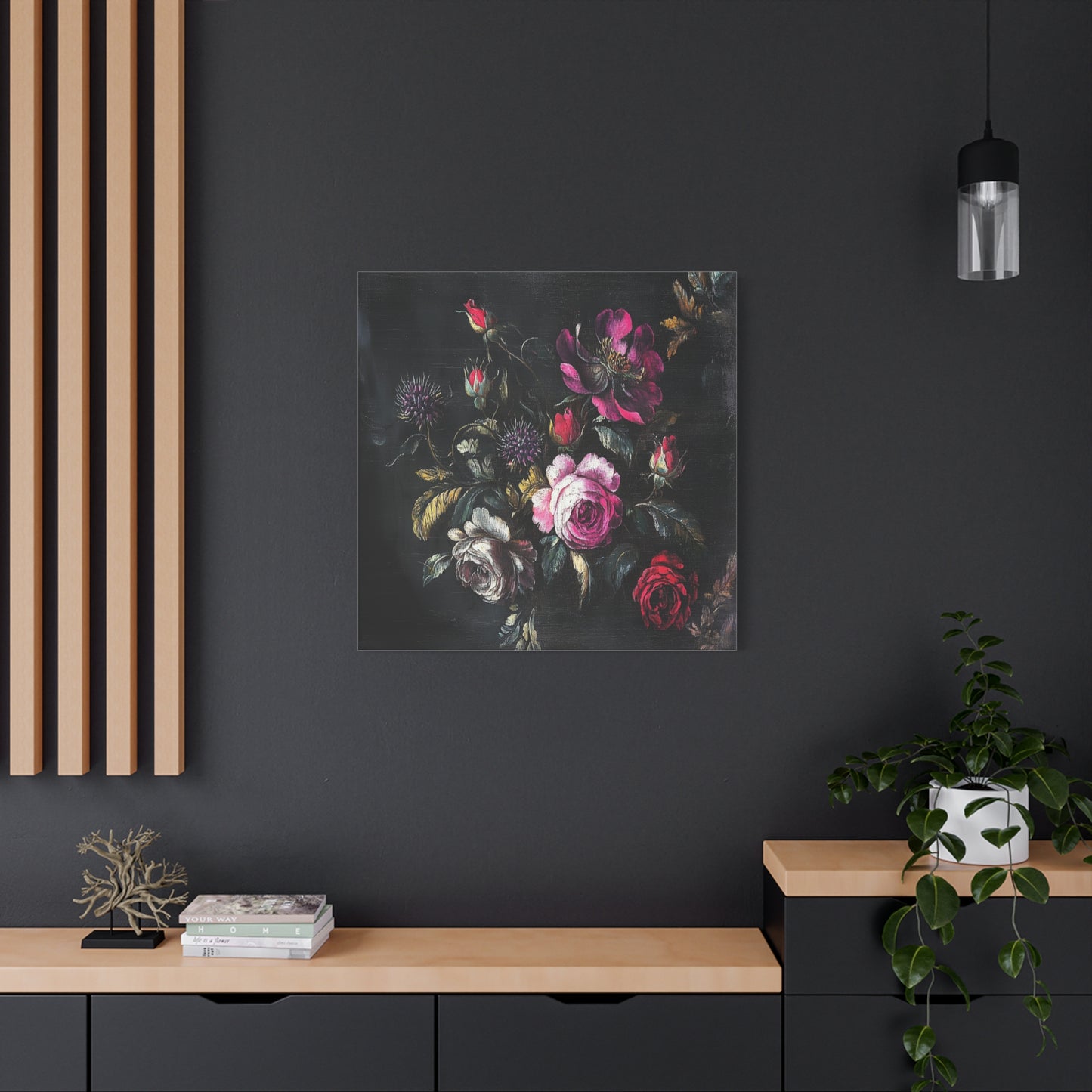 Vintage Dark Floral — Romantic Rose Bouquet Canvas Wall Art