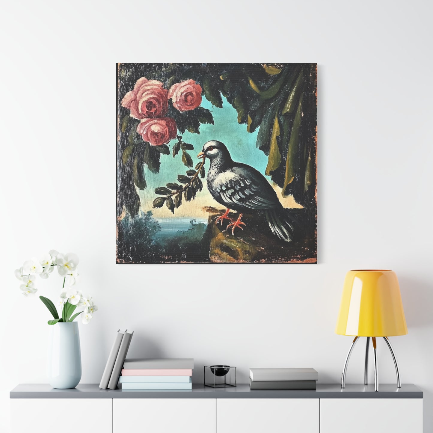 Dove & Roses Matte Canvas Wall Art | Vintage Bird & Floral Print