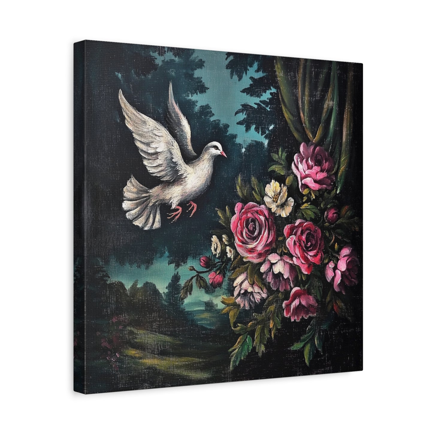 Dove & Roses Canvas Wall Art | Vintage Botanical Print