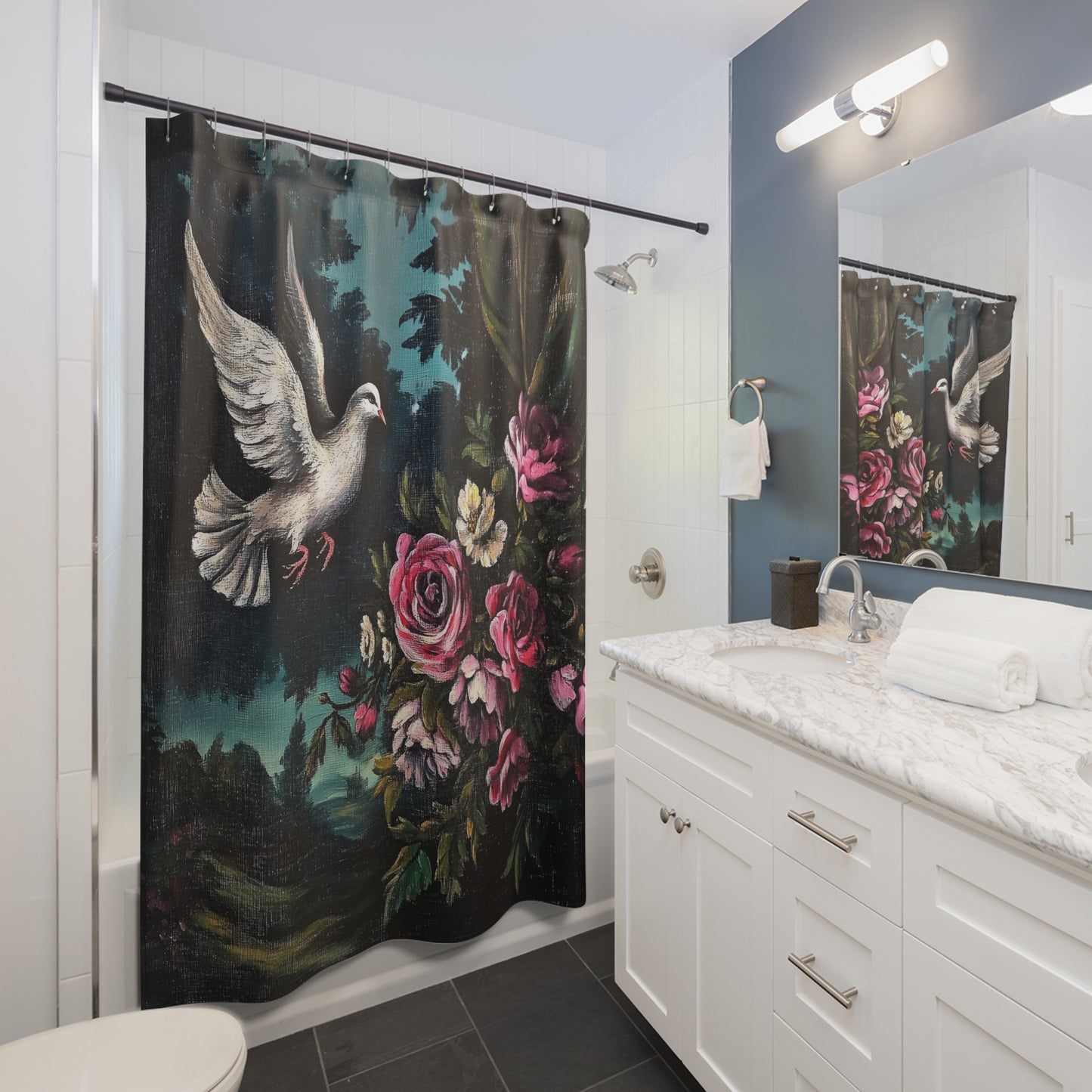 Shower Curtain — Vintage Dove & Rose Floral Bathroom Curtain