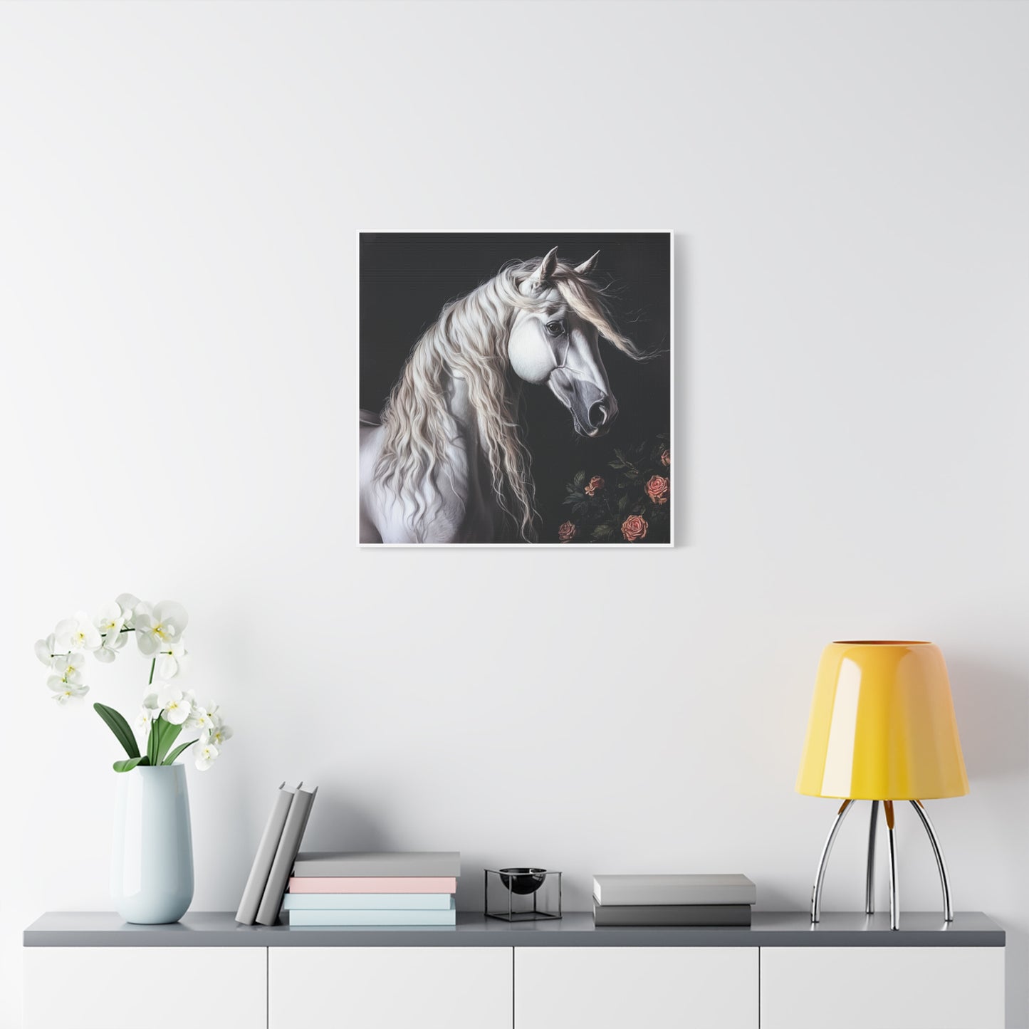 White Arabian Horse Canvas Wall Art | Elegant Matte Floral Print