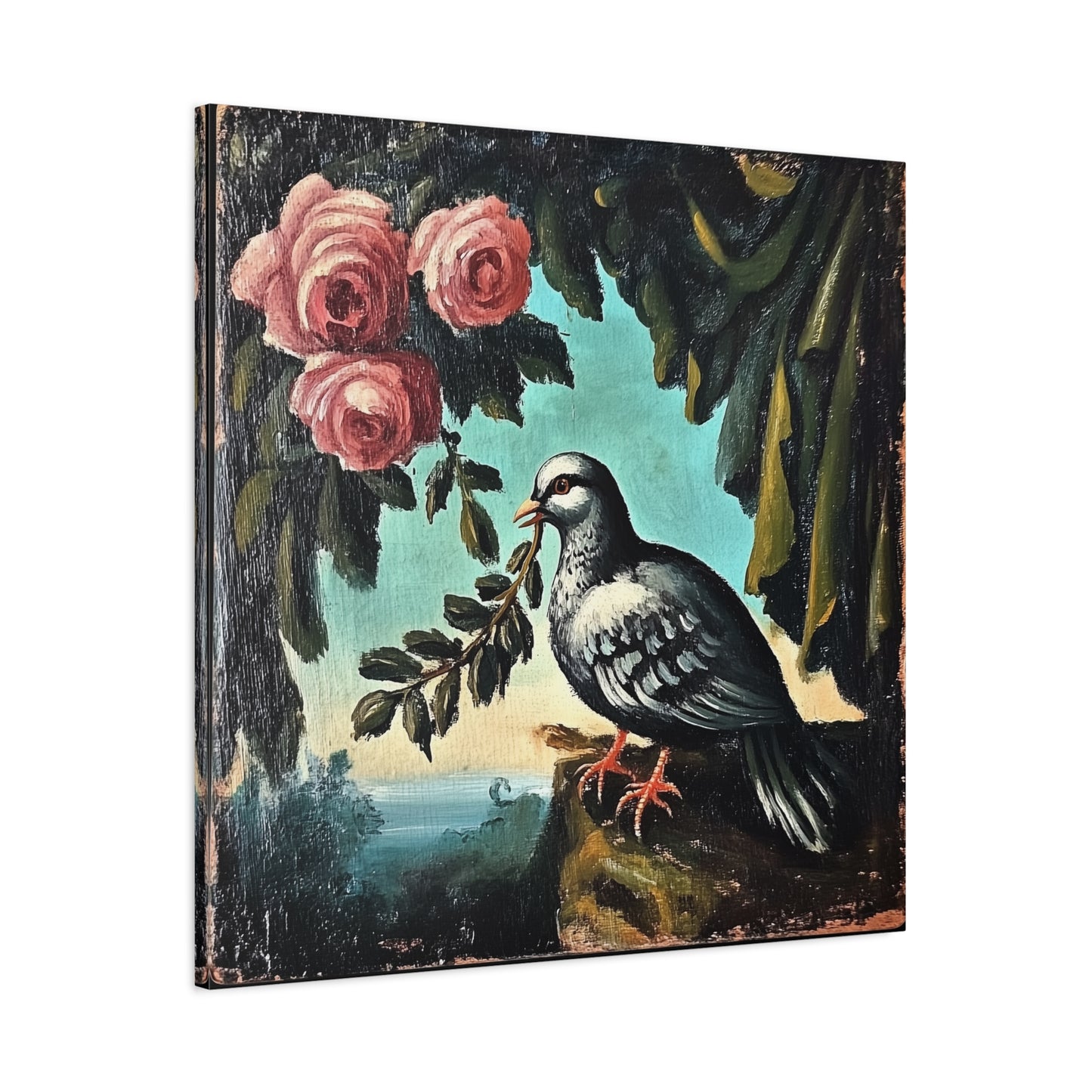 Dove & Roses Matte Canvas Wall Art | Vintage Bird & Floral Print
