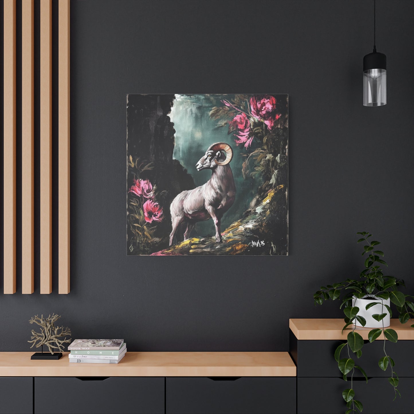 Mountain Ram Canvas Wall Art | Moody Wildlife Matte Print