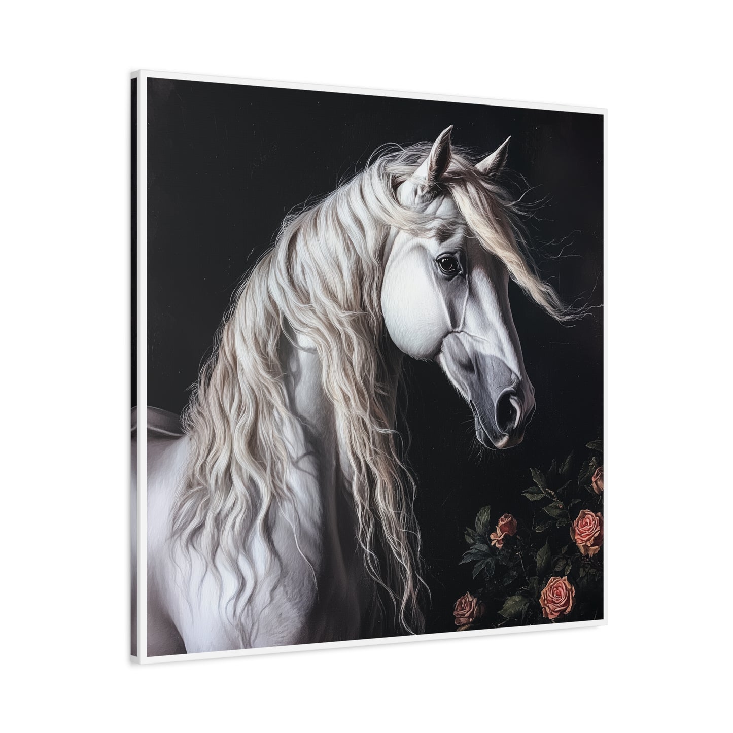 White Arabian Horse Canvas Wall Art | Elegant Matte Floral Print