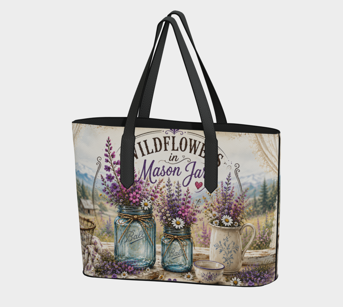 Wildflowers in Mason Jars Vegan Leather Tote Bag