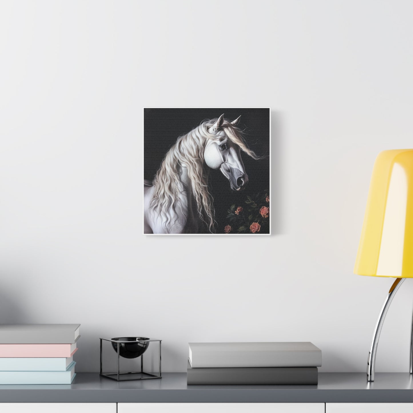 White Arabian Horse Canvas Wall Art | Elegant Matte Floral Print